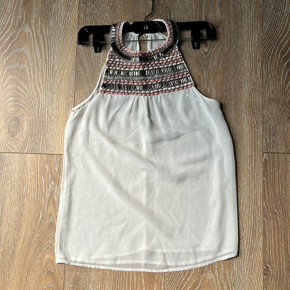 Zara Trafaluc top. Sleeveless XS with jewels. Cream sheer fabric on the back.